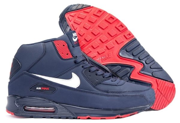 Зимние Nike Air Max 90 High с мехом синим с красным 40-45